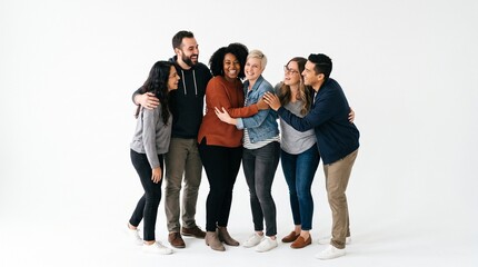Obraz premium Diverse group of friends hugging and laughing together on white background