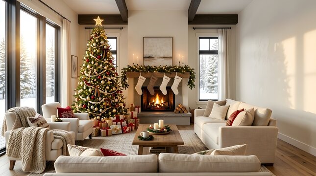 Beautifully decorated living room interior with a glowing christmas tree and a cozy fireplace during the holiday season