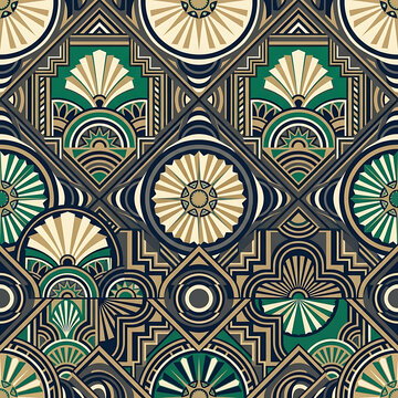 Seamless art deco pattern featuring geometric shapes and fan motifs in elegant dark green and gold tones