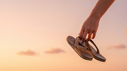 Naklejka premium Close Up of Hand Holding Leather Flip Flops Against Warm Sunset Sky, Concept of Summer Vacation, Freedom, Travel End, and Serene Tropical Beach Holiday with Copy Space