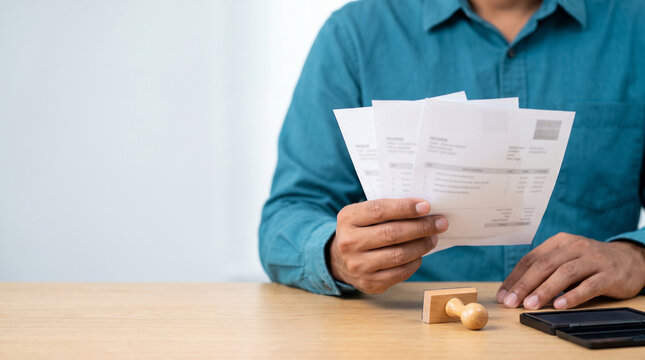 Close Up of Businessman Holding Invoices or Paper Documents with Rubber Stamp and Ink Pad on Desk, Concept of Approval, Agreement, Tax Payment, Audit with Left Copy Space