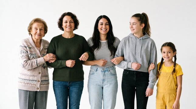 Five women of different generations standing together arm in arm