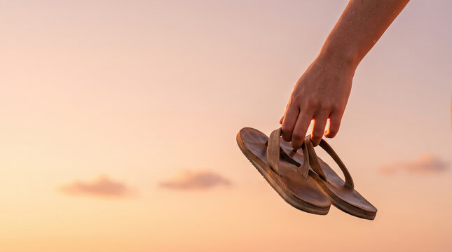 Close Up of Hand Holding Leather Flip Flops Against Warm Sunset Sky, Concept of Summer Vacation, Freedom, Travel End, and Serene Tropical Beach Holiday with Copy Space