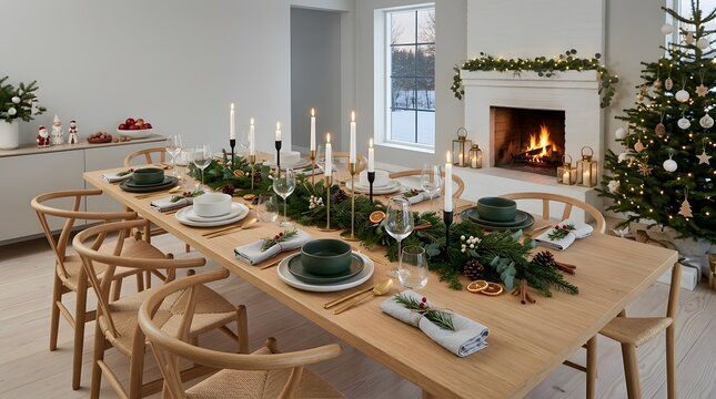 Elegant christmas dining table set for a festive holiday dinner in a cozy living room with fireplace