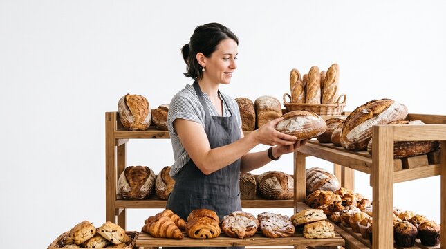 Baker woman arranging fresh bread on wooden shelves in a bakery