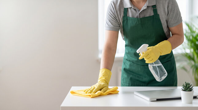 Professional Janitor in Green Apron and Yellow Gloves Cleaning Desk with Spray Bottle and Cloth, Housekeeping or Office Commercial Cleaning Service Concept with Left Copy Space