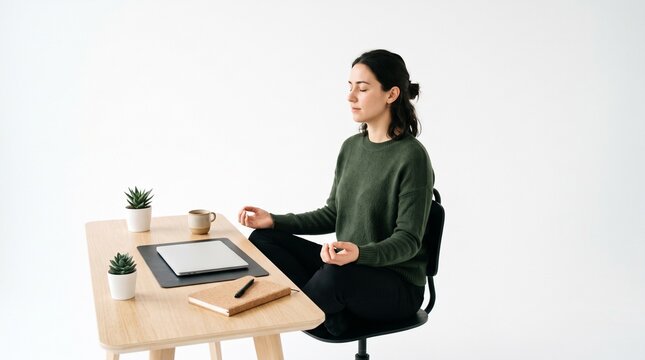 Woman meditating at desk with laptop and plants in minimalist office