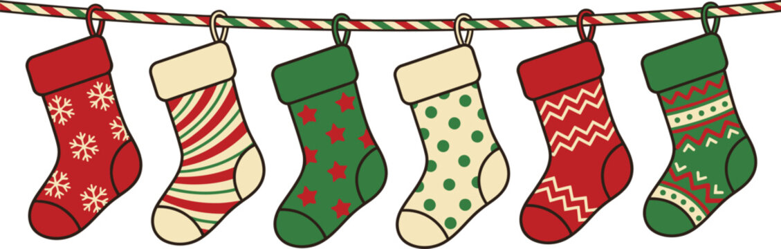 A festive row of colorful hanging christmas stockings with various patterns on a decorative striped rope white background