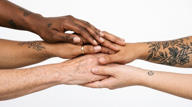 Diverse hands stacked together showing unity and connection with tattoos and rings