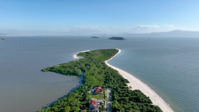 Florian&oacute;polis, Daniela Beach. Aerial View of Tropical Coastline. Establishing Shot. Santa Catarina, Brazil.