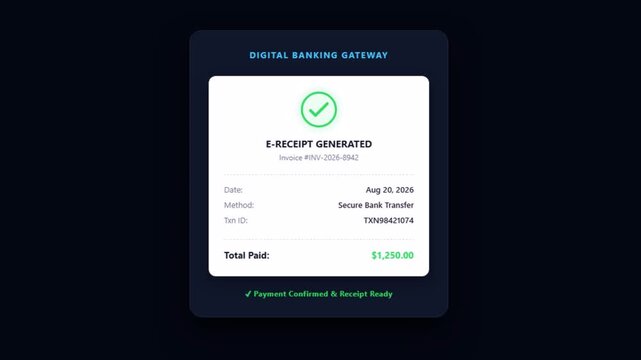 Looping online receipt and invoice generation with a digital banking gateway and e-receipt details against a dark background motion graphic loop