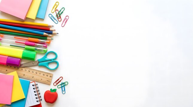 Colorful school supplies and stationery arranged on a white background for a creative teachers day celebration concept