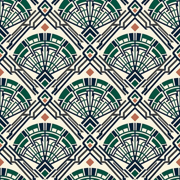 Seamless art deco pattern featuring stylized fan shapes and geometric lines in deep green and cream tones