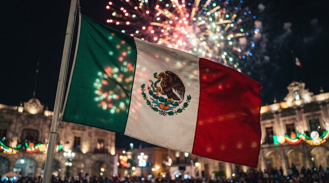 Mexican flag waving beneath fireworks during Independence Day celebration
