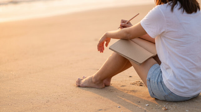 Rear View of Woman Sitting Barefoot on Sandy Beach at Sunset Writing in Notebook with Pencil, Concept of Creativity, Journaling, Mindfulness Meditation and Travel Copy Space