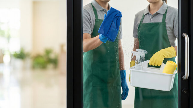 Professional Janitors Team in Aprons and Gloves Cleaning Glass Door, Commercial Cleaning Service Concept with Equipment Basket and Left Copy Space for Office Business Banner