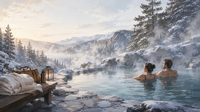 Travel couple relaxing at outdoor thermal pool in snowy retreat
