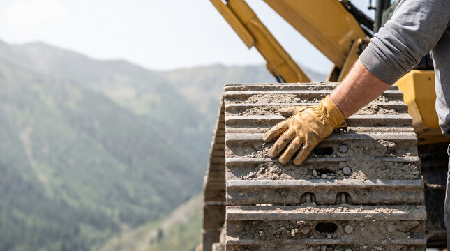 Close Up of Worker Hand in Leather Glove on Excavator Track at Mountain Construction Site, Heavy Machinery Maintenance and Mining Industry Concept Background with Left Copy Space