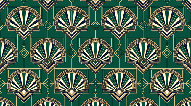 Elegant art deco seamless pattern featuring geometric fan shapes in dark green and gold luxury style background