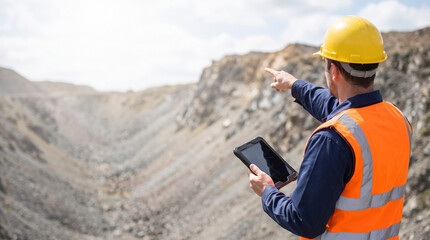 Fototapeta premium Rear View of Mining Engineer in Hard Hat and Safety Vest Holding Digital Tablet and Pointing at Open Pit Mine, Concept of Geological Survey, Industry Management with Copy Space