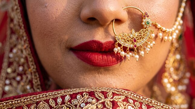 Close up portrait of an Indian bride wearing traditional gold nose ring nath jewelry with red lipstick and embroidery