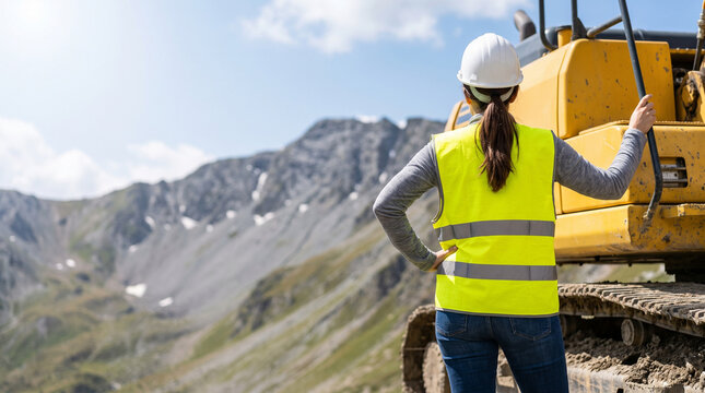 Rear View of Female Engineer Standing Next to Excavator at Mountain Construction Site, Concept of Project Supervisor, Mining Infrastructure and Civil Engineering with Copy Space