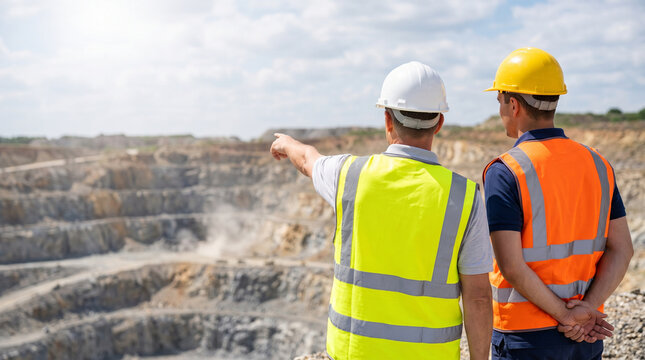 Rear View of Engineers in Hard Hats and Safety Vests Pointing at Open Pit Mining Site, Concept of Geological Survey, Heavy Industry Project Inspection and Management with Copy Space