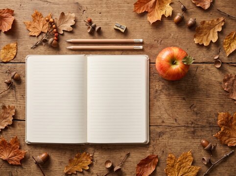open blank notebook with pencils red apple acorns and autumn leaves on wooden background flat lay top view