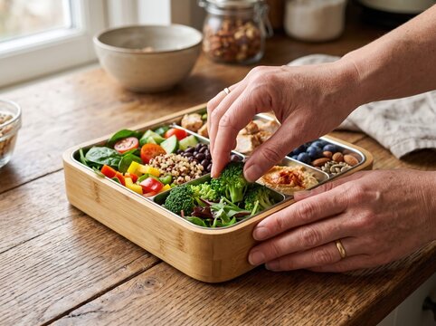 woman hands packing fresh broccoli into wooden bento lunch box with healthy food on wooden table