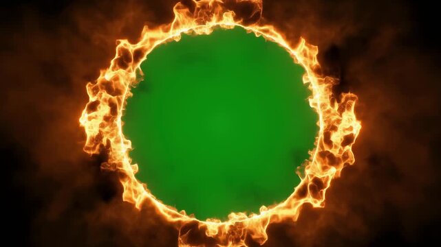 Glowing ring of fire frame with smoke on chroma key green screen background