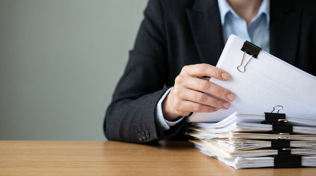 Close Up of Businesswoman Hand Sorting Big Stack of Paper Documents on Desk, Concept of Heavy Bureaucracy, Administrative Work, Tax Audit, and Overworked Archive with Copy Space