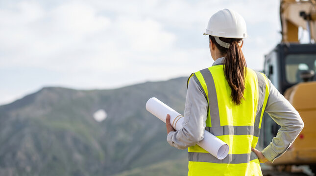 Rear View of Female Engineer in Hard Hat Holding Blueprint at Construction Site with Excavator, Concept of Project Inspection, Civil Engineering and Infrastructure Plan with Copy Space