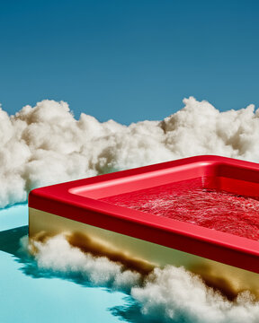 Red rectangular infinity pool floating above thick white clouds under blue sky. Ideal for surreal travel advertising, luxury resort campaigns, and dreamlike editorials.