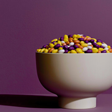 Large cream bowl overflowing with tiny colorful candies against purple. Perfect for candy branding, playful food campaigns, and bold packaging design.