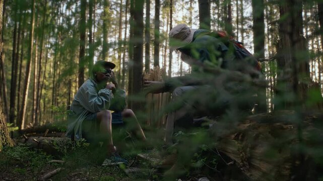 African American and Caucasian young men sitting on fallen log in pine forest, talking and resting during hike. Ideal for outdoor gear ads or travel campaigns