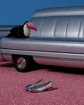Toucan resting along a silver stretch vehicle with high heels on a glitter floor. Perfect for humorous luxury branding, fashion campaigns, and creative travel ads.