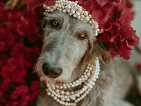 Long haired gray dog wearing layered pearls and a pearl headpiece among red flowers. Ideal for luxury pet campaigns, jewelry editorials, and whimsical branding.
