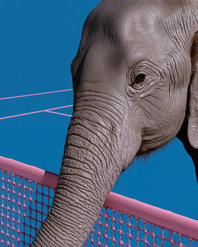 Elephant leaning over a pink tennis net against a bright blue background. Perfect for surreal sports advertising, playful campaigns, and bold editorial design.