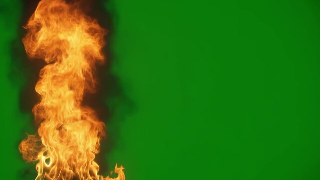 Cinematic Vertical Flame Burst With Rising Smoke Effects Isolated On A Vibrant Chroma Key Green Screen Background For Visual Compositing