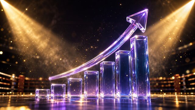 Dynamic 3D glass bar chart symbolizing financial growth and business trends, illuminated by spotlights and golden particles on a dramatic stage.