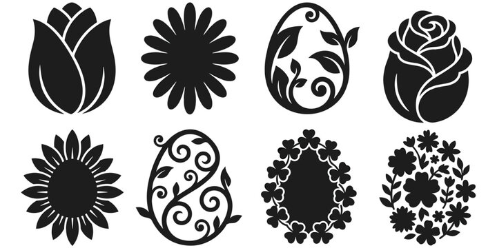 Floral Silhouette Icons and Decorative Egg Frames for Spring Design Projects