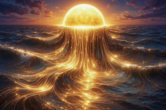 A radiant sun melts into cascading streams of golden light over a restless ocean, turning waves into flowing strands of brilliance in a surreal, luminous seascape, AI generated