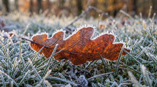 Frost covered oak leaf on grass in morning light