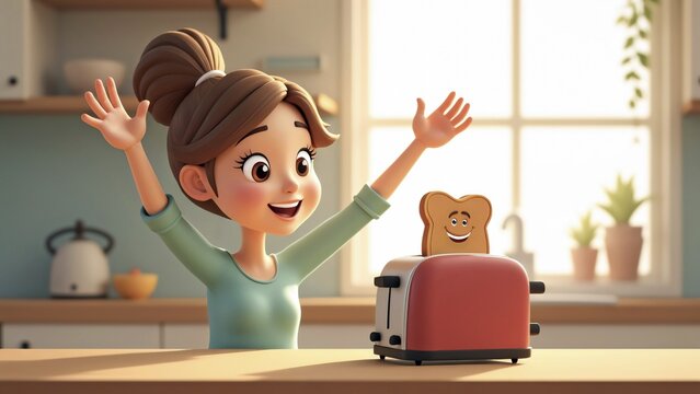 A bright, animated kitchen scene captures a delighted young woman throwing her hands up as a smiling slice of toast pops from a retro red toaster. Warm sunlight streams through the window, bathing the cozy room in golden hues. Playful character design and soft textures transform an ordinary breakfast into a cheerful, feel-good moment. AI generated