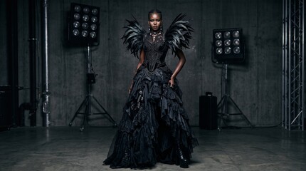 Naklejka premium Gothic Black Dress Model Studio Fashion