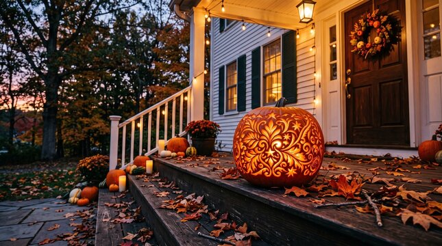 Halloween pumpkin on porch with autumn leaves and string lights