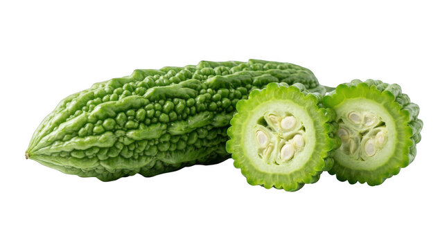 Fresh bitter melon or bitter gourd with sliced pieces isolated on transparent background