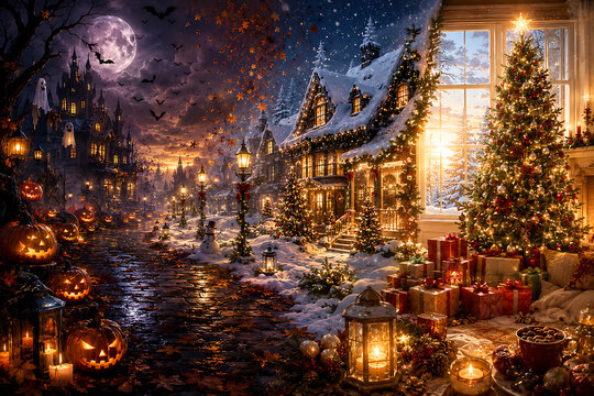Magical Halloween to Christmas Holiday Transition with Haunted Village, Snowy Christmas Eve and Cozy Festive Interior