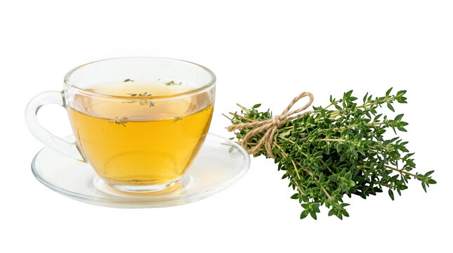Glass cup of herbal tea with a bunch of fresh thyme isolated on transparent background