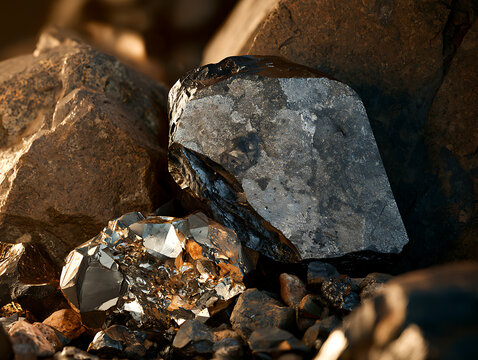 Close-up of a polished meteorite with metallic luster and textured surface